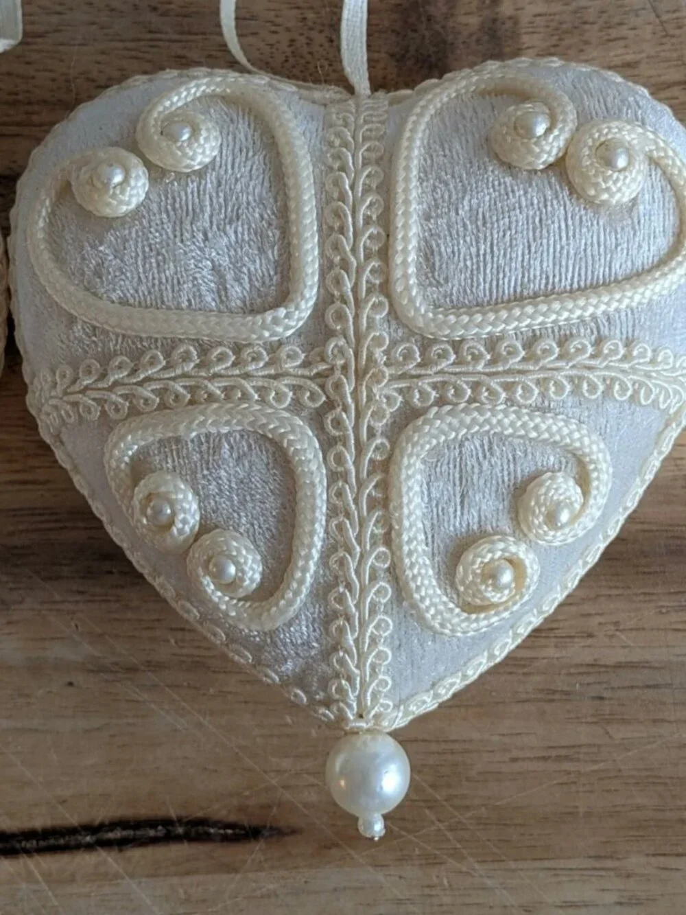 3 Vintage Pearl Ivory Ornate Heart Ornaments